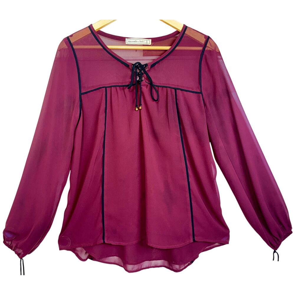 Abercrombie & Fitch Burgundy Red Black Sheer Lace Up Peasant Blouse Top Size S